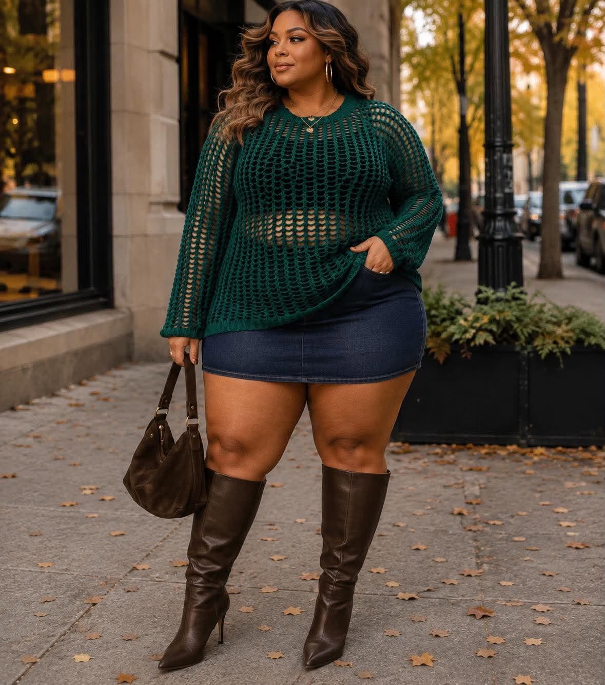 PLUS SIZE LONG SLEEVE CROCHET PULLOVER SWEATER-GREEN