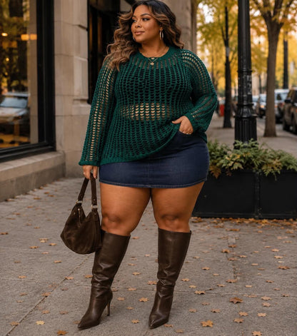 PLUS SIZE LONG SLEEVE CROCHET PULLOVER SWEATER-GREEN