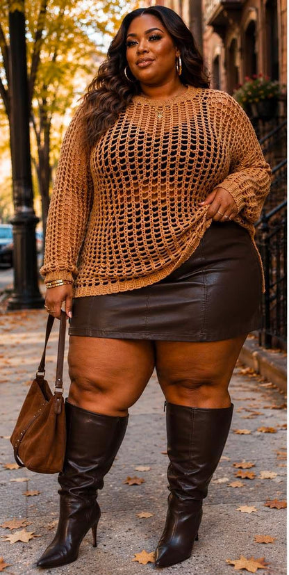 PLUS SIZE LONG SLEEVE CROCHET PULLOVER SWEATER-TAUPE