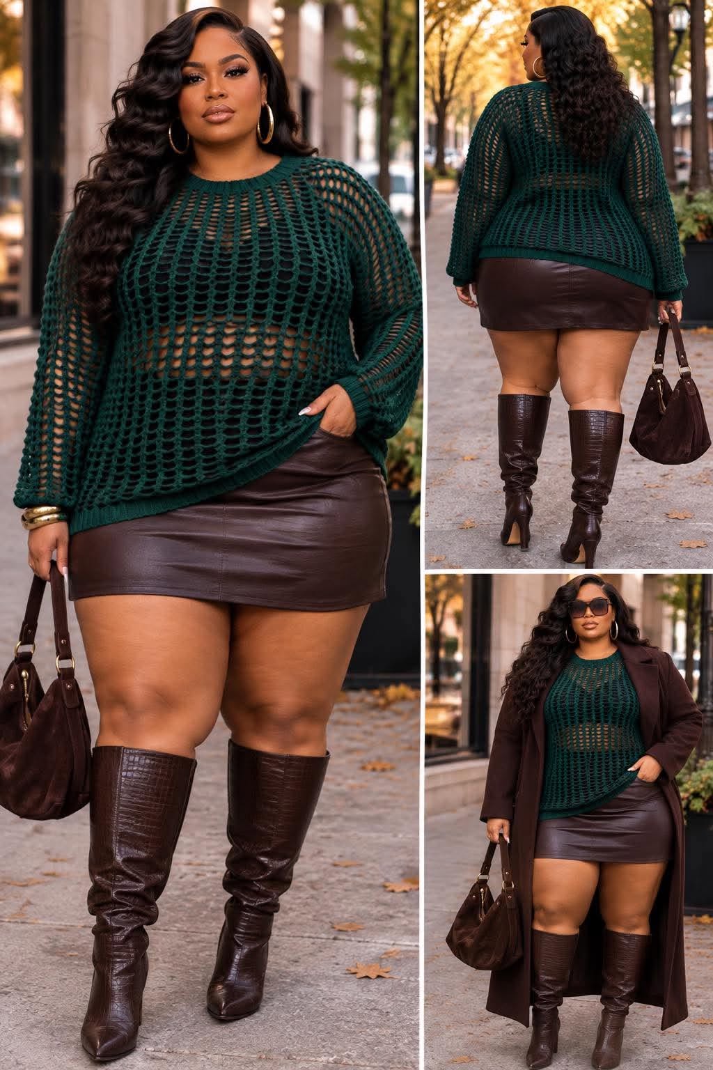 PLUS SIZE LONG SLEEVE CROCHET PULLOVER SWEATER-GREEN