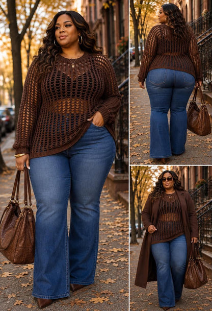 PLUS SIZE LONG SLEEVE CROCHET PULLOVER SWEATER-BROWN