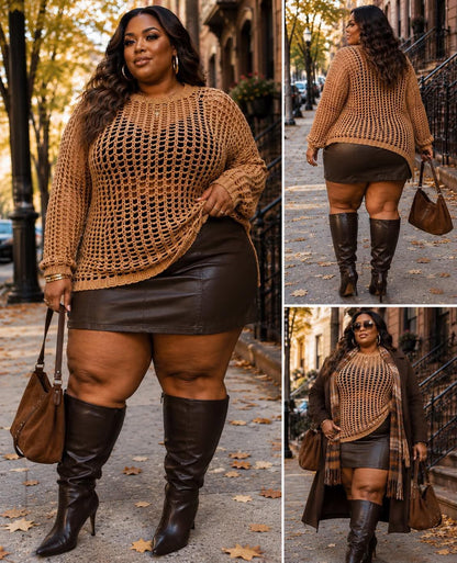 PLUS SIZE LONG SLEEVE CROCHET PULLOVER SWEATER-TAUPE