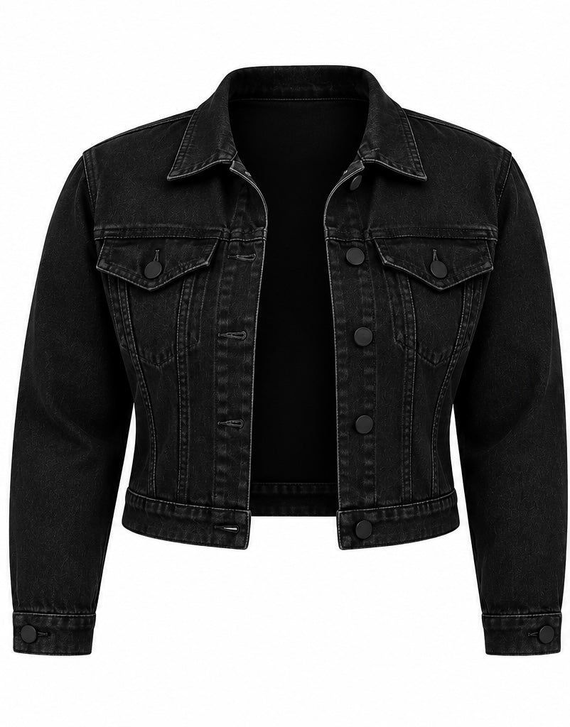 PLUS SIZE DENIM CROP DESTRUCTED JACKET-BLACK DENIM-52