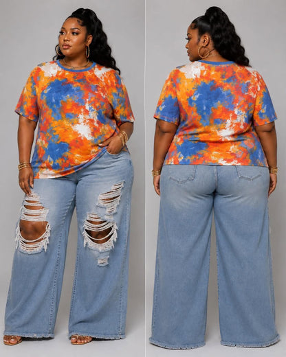 $3 SPECIAL!!! PLUS SIZE TYE DYE TEE-ORANGE/BLUE MIX