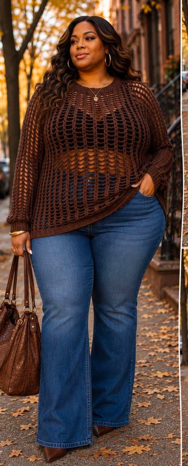 PLUS SIZE LONG SLEEVE CROCHET PULLOVER SWEATER-BROWN