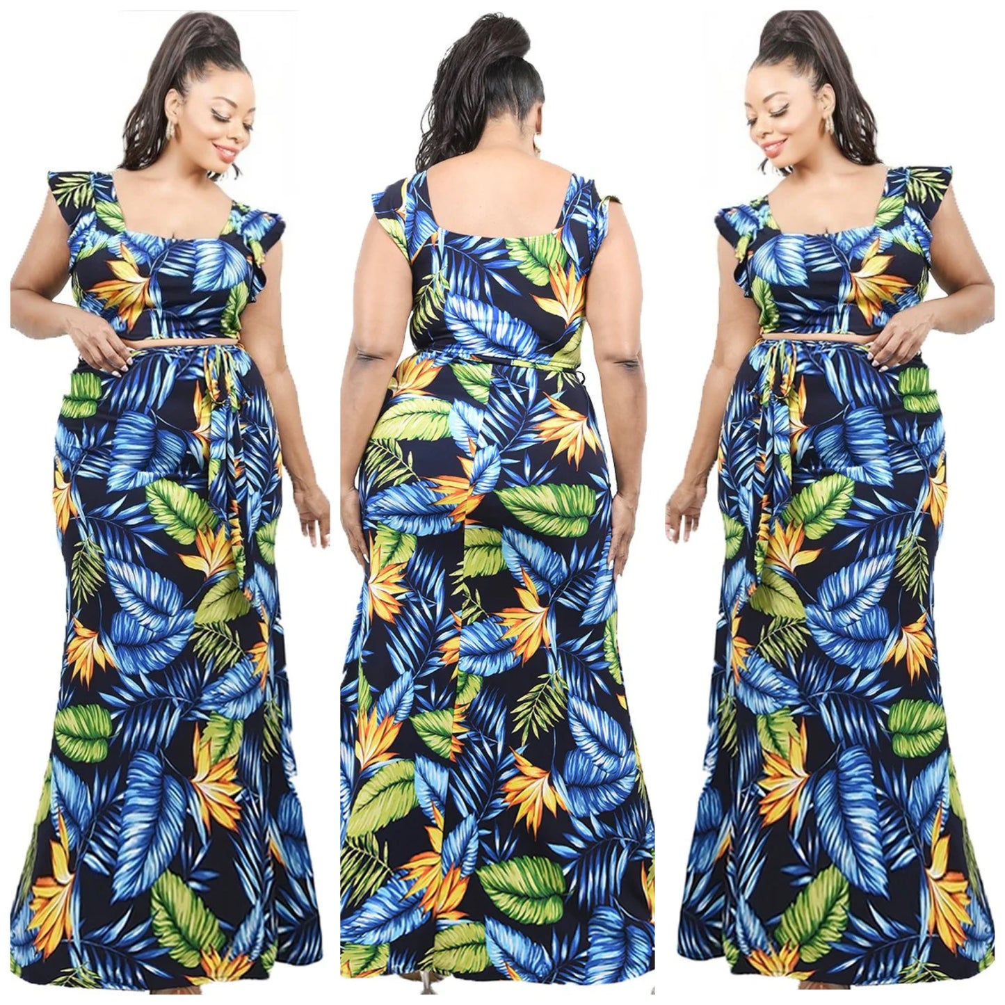 PLUS SIZE BLUE FLORAL 2 PIECE MAXI SKIRT SET