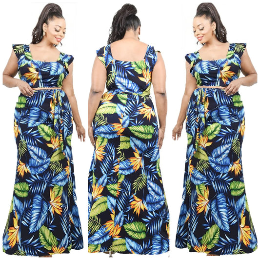 PLUS SIZE BLUE FLORAL 2 PIECE MAXI SKIRT SET