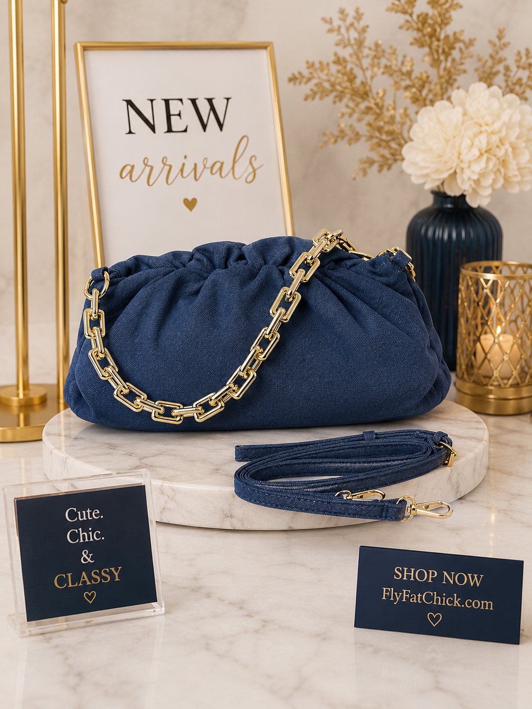 Denim Rectangle Chain Clutch-DARK DENIM