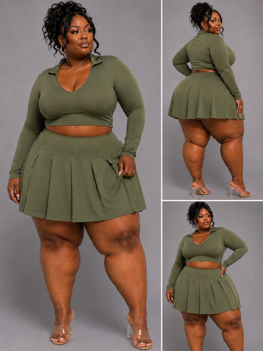 PLUS SIZE "PLEATES & PRESSURE" 2-PIECE SKIRT SET-OLIVE