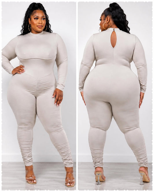PLUS SIZE Shirred Sleeve Jumpsuit-OATMEAL-01
