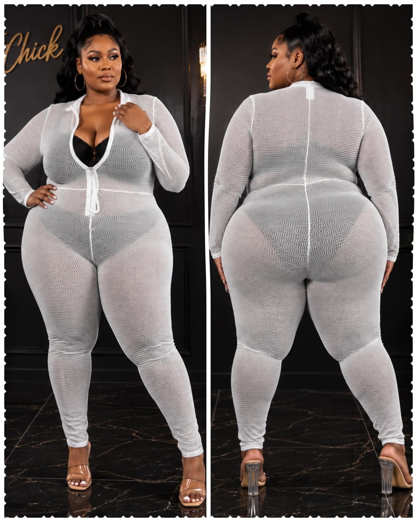 PLUS SIZE WHITE MESH ZIPPER JUMPSUIT