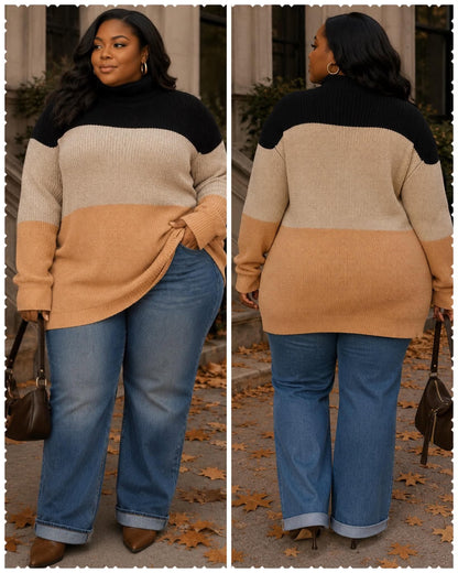 PLUS SIZE LONG SLEEVE TURTLE NECK COLORBLOCK PULLOVER KNIT SWEATER