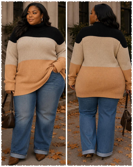 PLUS SIZE LONG SLEEVE TURTLE NECK COLORBLOCK PULLOVER KNIT SWEATER