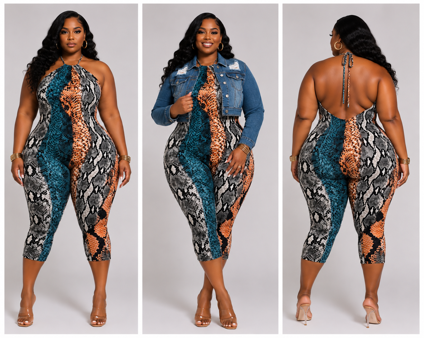 PLUS SIZE "BAD INTENSIONS CAPRI ROMPER"-TEAL SNAKE