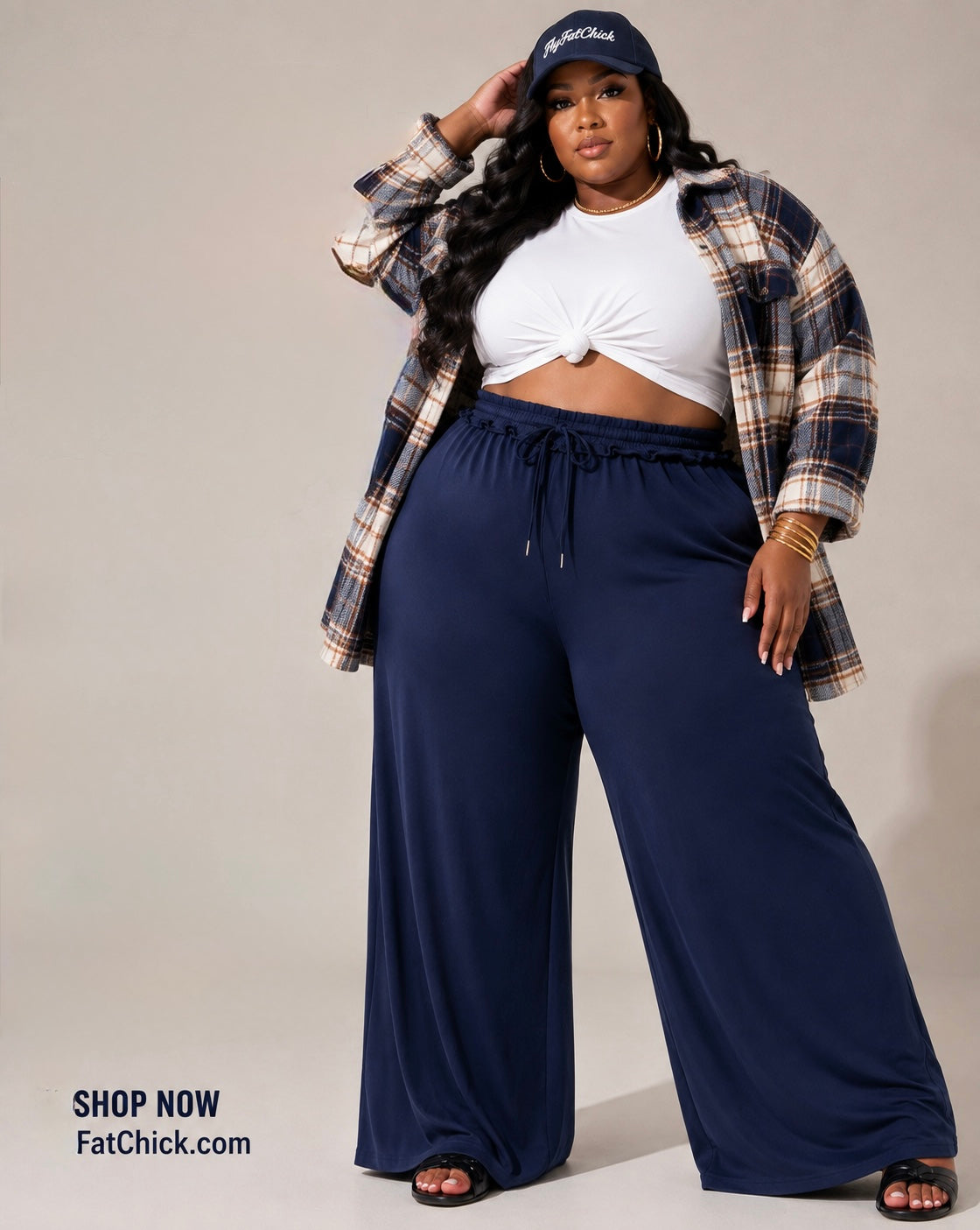 PLUS SIZE COTTON WIDE-LEG PANTS-NAVY BLUE-45