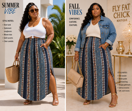 PLUS SIZE "RICH AUNTIE" MAXI SKIRTS-BLUE MIX-04