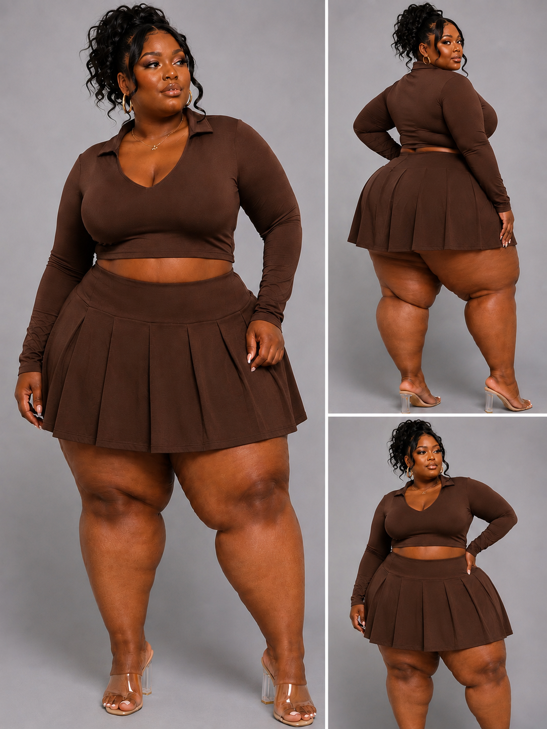 PLUS SIZE "PLEATES & PRESSURE" 2-PIECE SKIRT SET-CHOCOLATE
