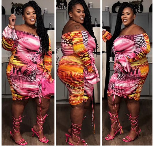 PLUS SIZE RUFFLE CUFF MINI DRESS-FUSCHIA MIX W/ SCRUNCH UP TIE
