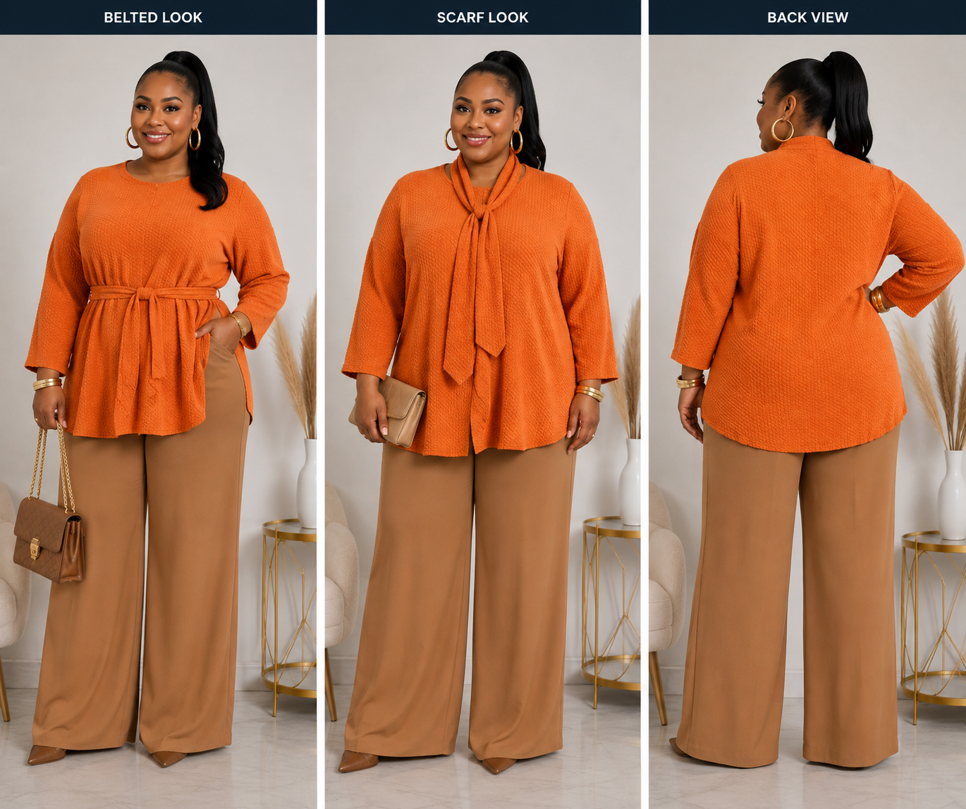 PLUS SIZE 3/4 SLEEVE W/SCARF DETAILED TUNIC BLOUSE-33