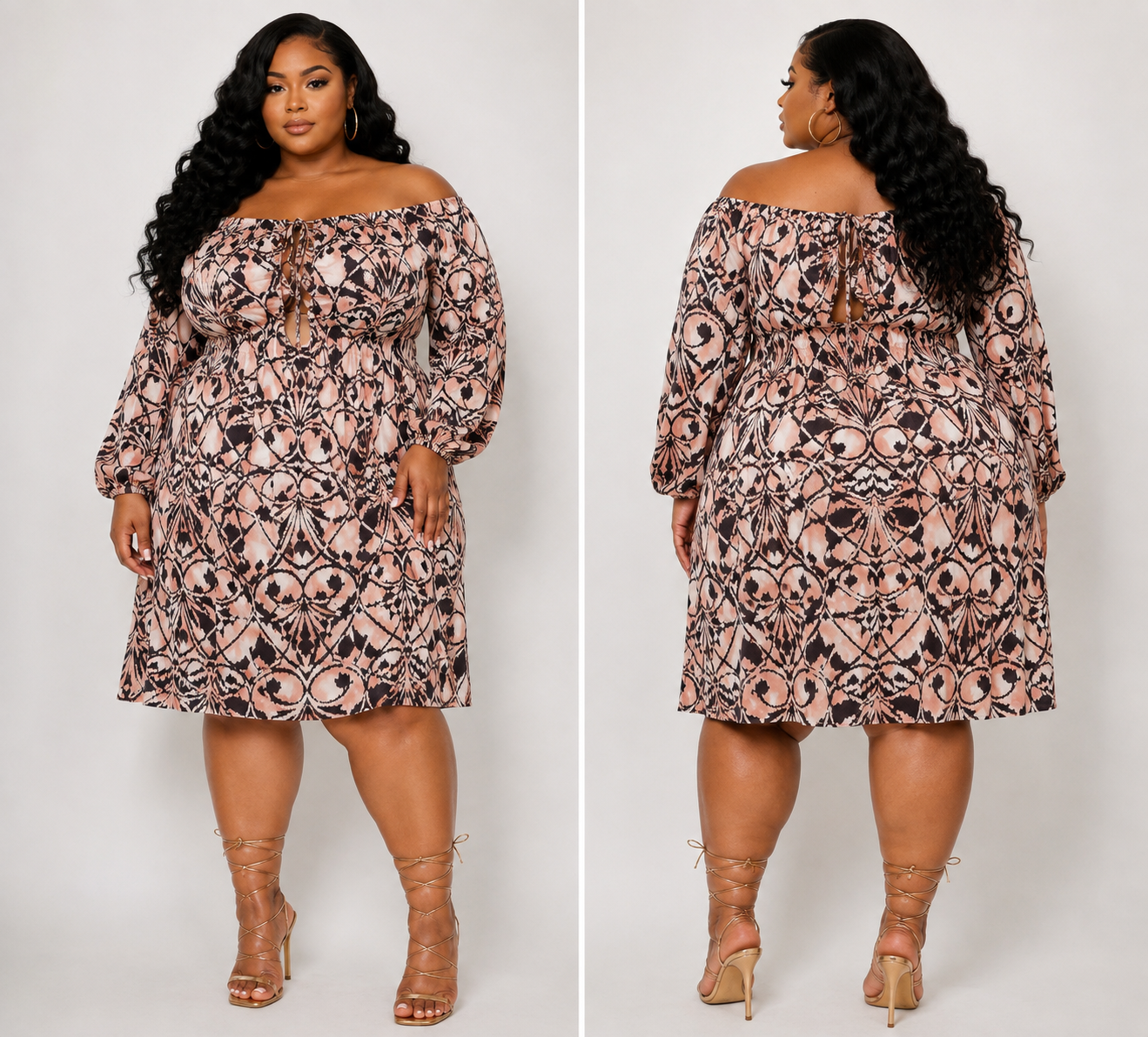 PLUS SIZE LONG PUFF SLEEVE FRONT CUT OUT MULTI PRINT TUNIC DRESS