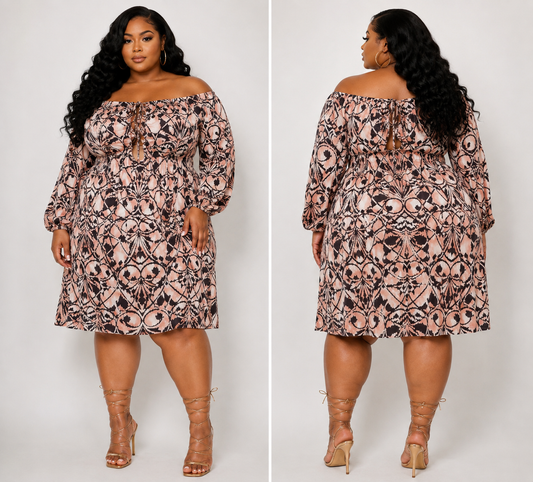 PLUS SIZE LONG PUFF SLEEVE FRONT CUT OUT MULTI PRINT TUNIC DRESS
