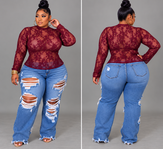 PLUS SIZE "FINE AS WINE LACE" TOP-BURGUNDY-68