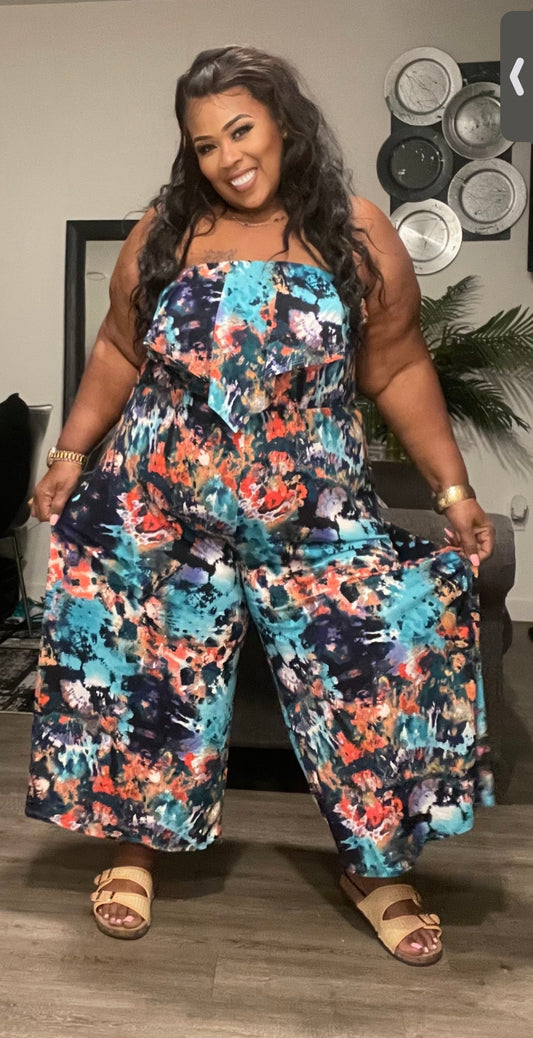 PLUS SIZE SPLASH OF COLOR OFF SHOULDER GAUCHO WIDE LEG JUMPSUIT