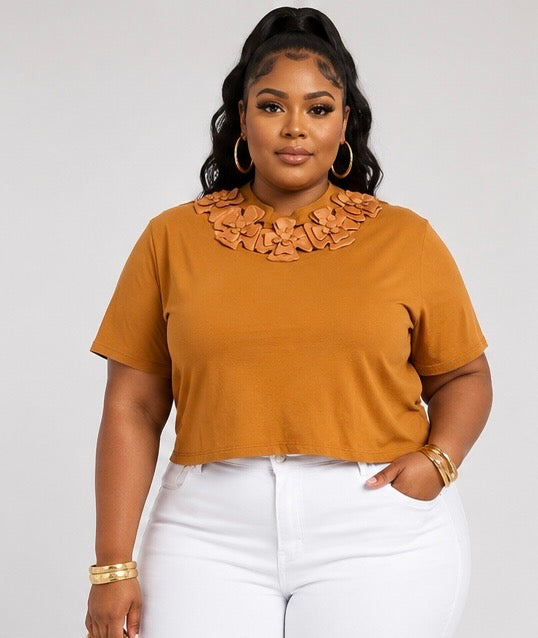 PLUS SIZE SHORT SLEEVE FLOWER NECK DETAILED BLOUSE-CAMEL-53