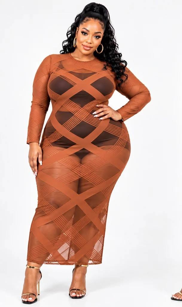 PLUS SIZE "ALL EYEZZZ ON ME" MESH DRESS-COGNAC-31