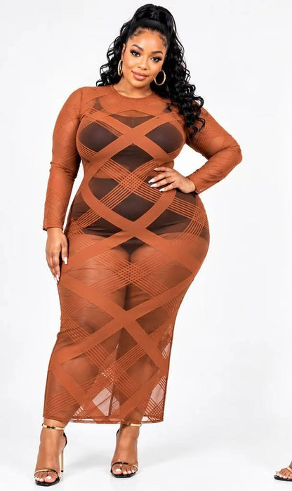 PLUS SIZE "ALL EYEZZZ ON ME" MESH DRESS-COGNAC-31