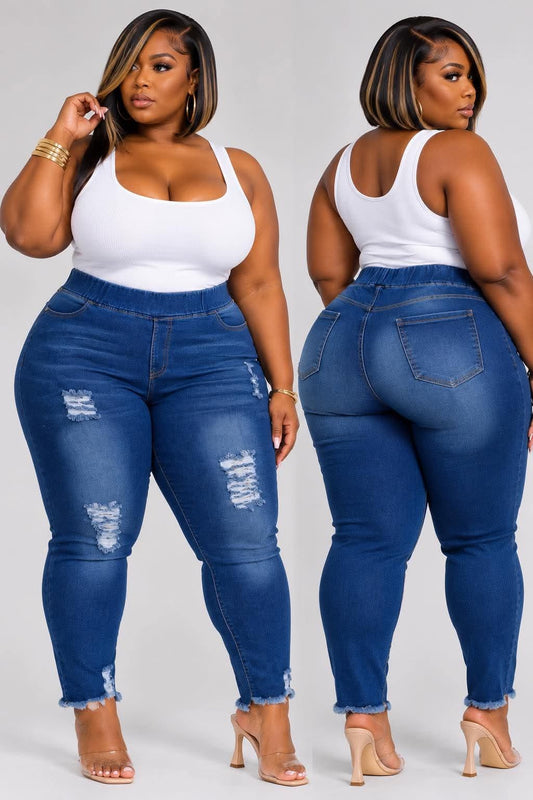 PLUS SIZE Elastic waist pockets stretch denim distress washed jeggings-61