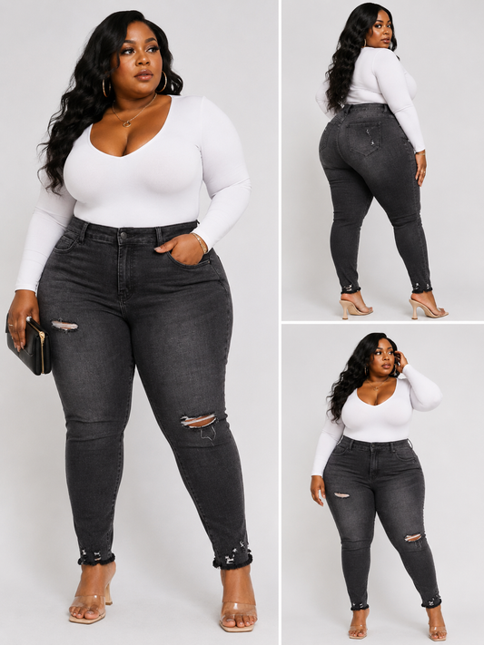 PLUS SIZE BLACK ACID WASHED BODY SNATCH HIGHWAIST JEANS-22