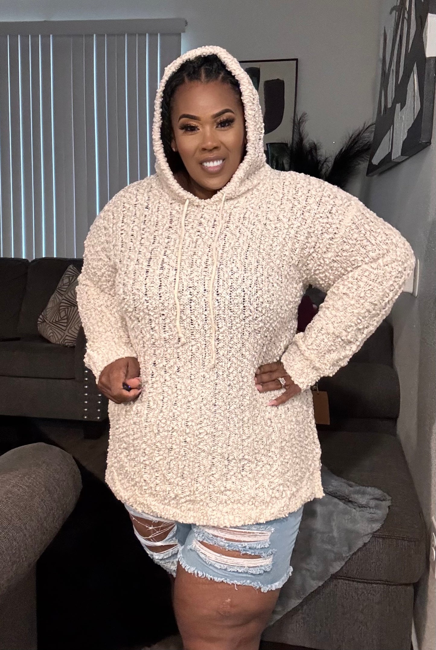 PLUS SIZE POPCORN TUNIC HOODIED SWEATER -CREAM