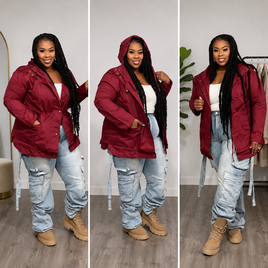 PLUS SIZE HOODED CARGO JACKET-BURGUNDY