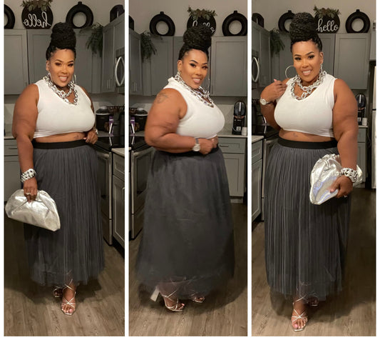 Plus Size high waist pleated long skirt-ASH GREY
