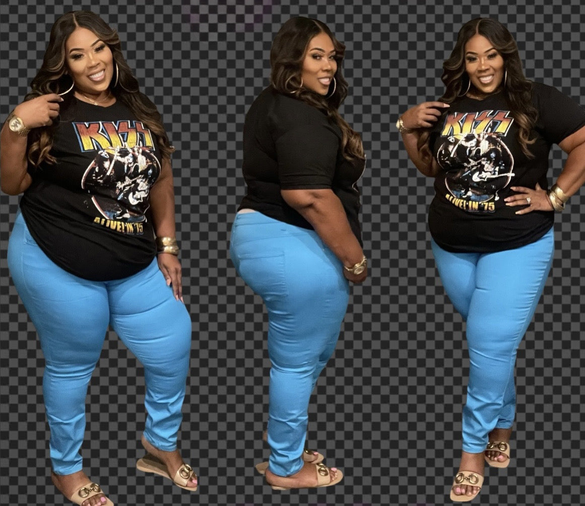 PLUS SIZE STRETCHY HIGH-RISE SKINNY DENIM PANTS -OCEAN BLUE