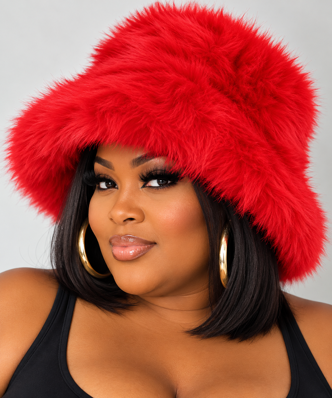 Wide Fluffy Faux Fur Bucket Hat-RED