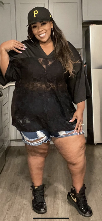 PLUS SIZE LACE JERSEY TOP-BLACK