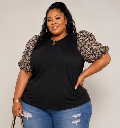 PLUS SIZE BLACK PUFF FLORAL SLEEVE BLOUSE