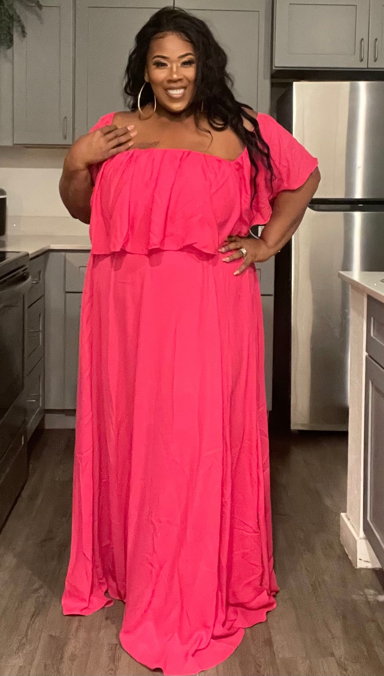 PLUS SIZE RUFFLE OFF SHOULDER ELASTIC WAIST MAXI DRESS-FUSHCIA