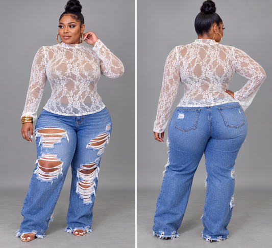 PLUS SIZE "FINE AS WINE LACE" TOP-WHITE-68