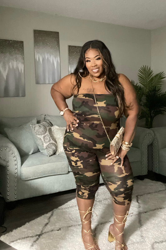 PLUS SIZE HALTER CAMO CAPRI ROMPER
