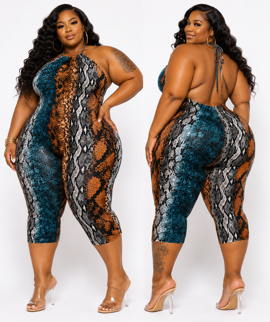 PLUS SIZE " SLITHER & SERVE" JUMPSUIT-TEAL MIX-74