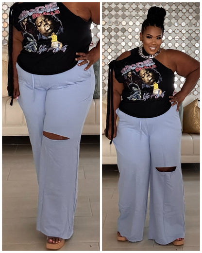 PLUS SIZE WIDE LEG SLICED KNEE -POCKET PANTS-BABY BLUE
