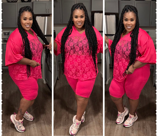 PLUS SIZE LACE JERSEY TOP & BIKER SHORT SET-HOT PINK-02