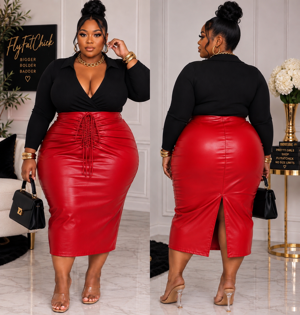 PLUS SIZE Faux Leather Scrunch High Waist-Skirt-RED