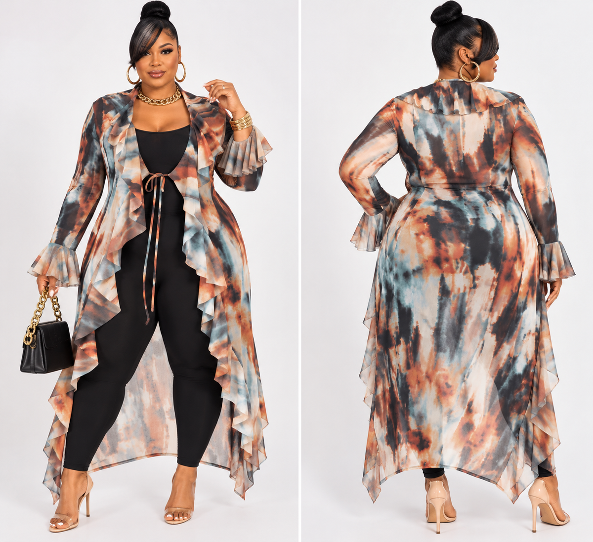 PLUS SIZE "TURN'N HEADS" MESH RUFFLE CARDIGAN-MULTI MIX