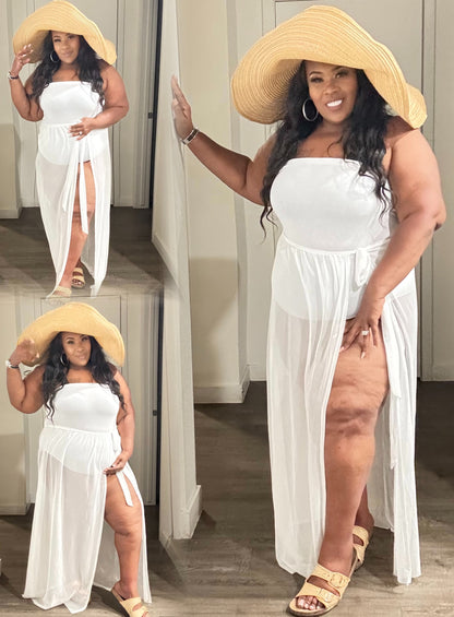 PLUS SIZE 2-PIECE HALTER BODYSUIT & MESH TIE SKIRT/COVER-UP