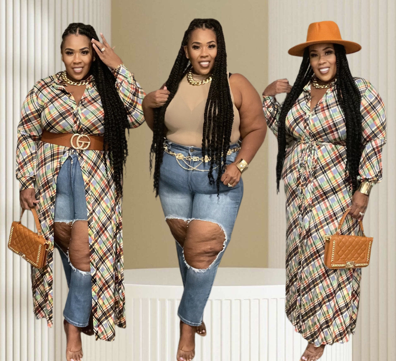 PLUS SIZE PLAID BUTTON UP MAXI DRESS