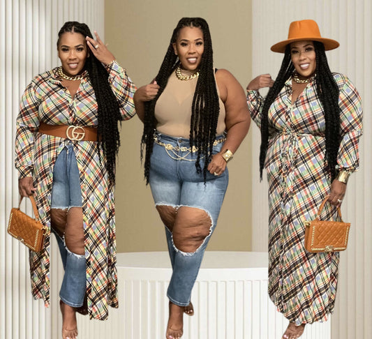 PLUS SIZE PLAID BUTTON UP MAXI DRESS